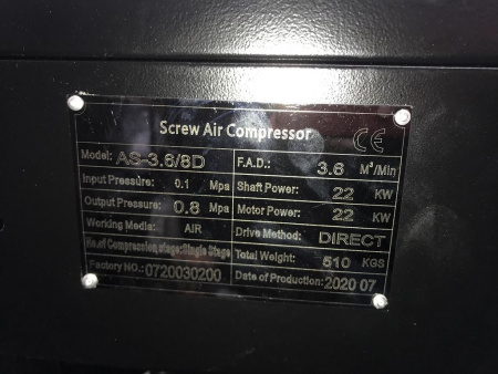 Винтовой компрессор ASPRO AS-3.6/8D, 22 КВТ - Фото